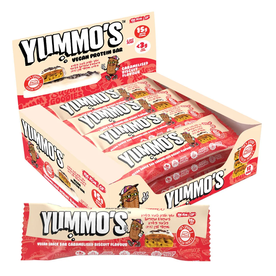מארז חטיפי חלבון YUMMO'S בטעם ביסקוויט מקורמל, טבעוני וללא גלוטן
