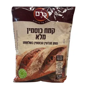 שקית קמח כוסמין מלא של כרם עם תמונת כיכר לחם